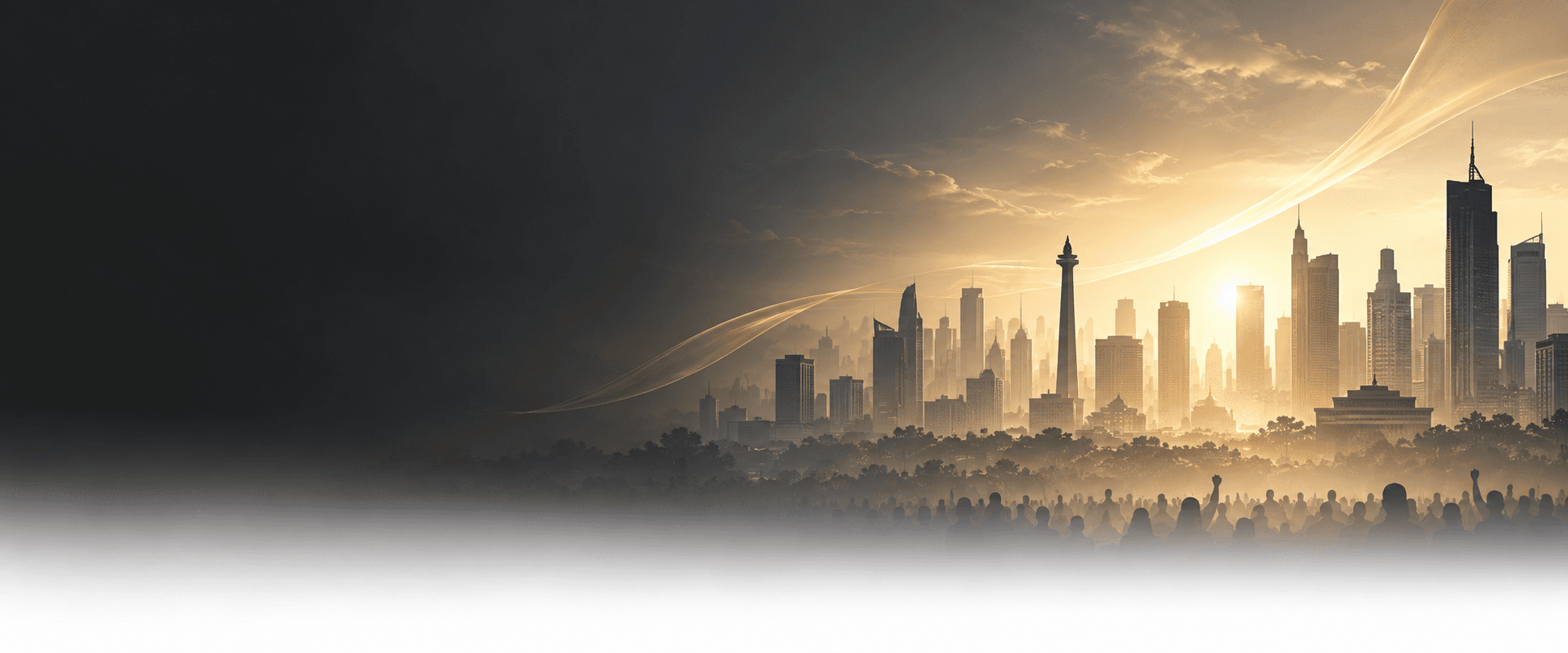 Siluet kolektif dengan latar skyline Jakarta keemasan