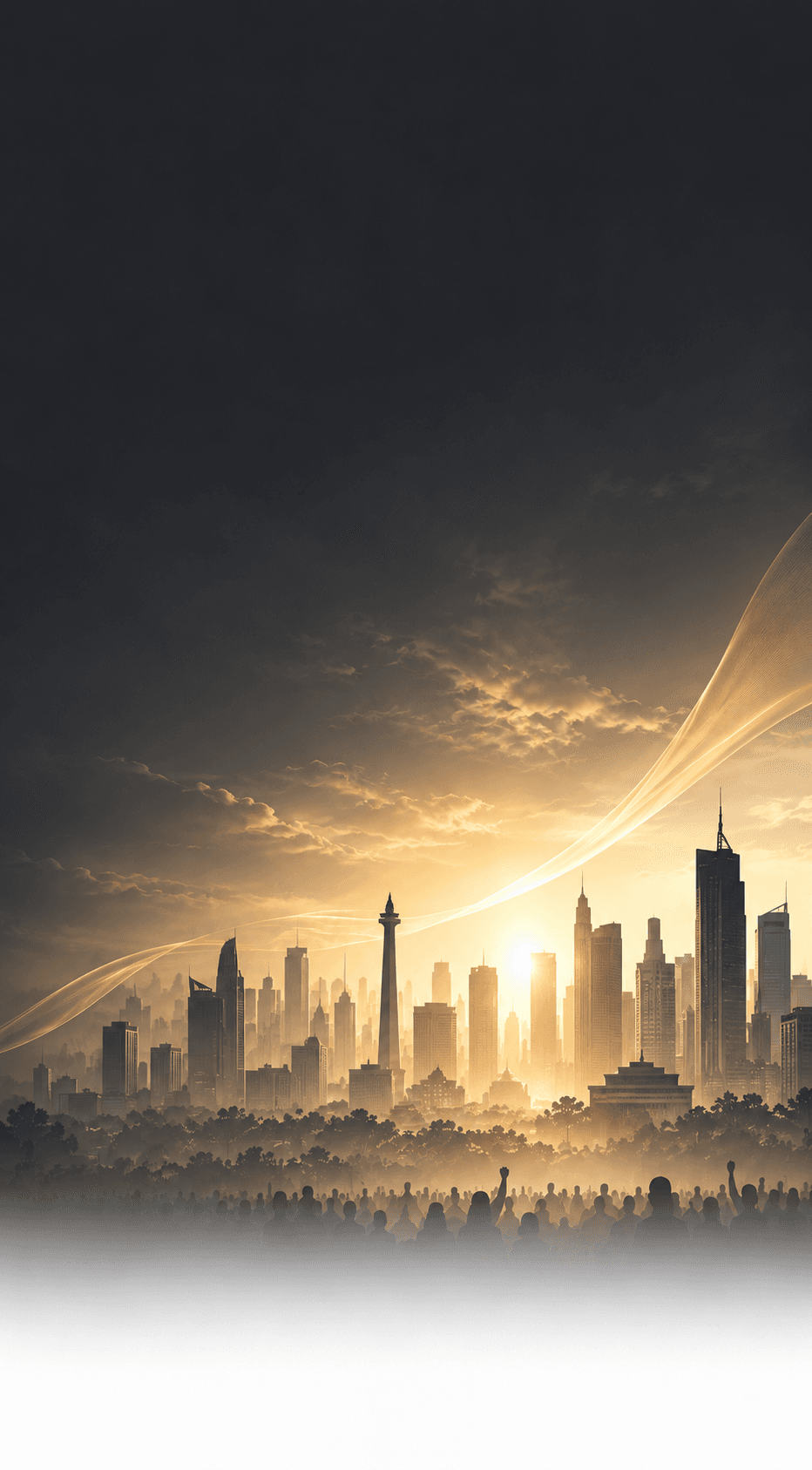 Siluet kolektif dengan latar skyline Jakarta keemasan