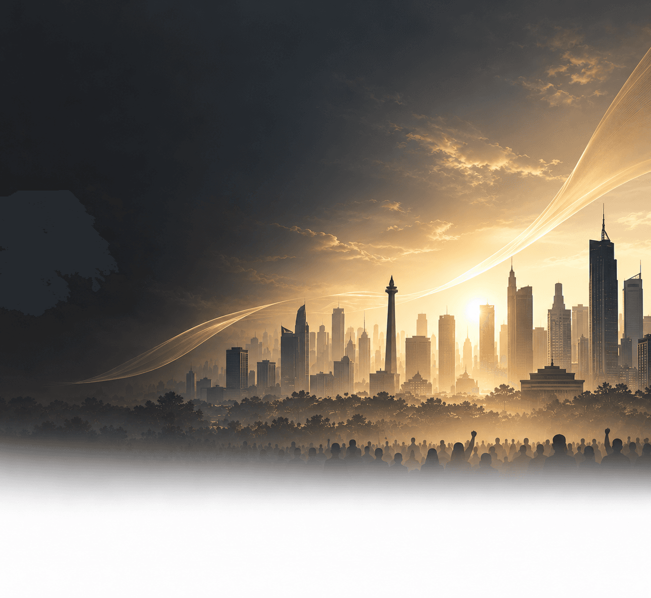 Siluet kolektif dengan latar skyline Jakarta keemasan